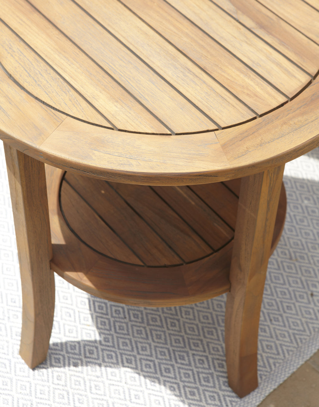 Teak 24" Round Tapered Leg End Table with Shelf — Detail