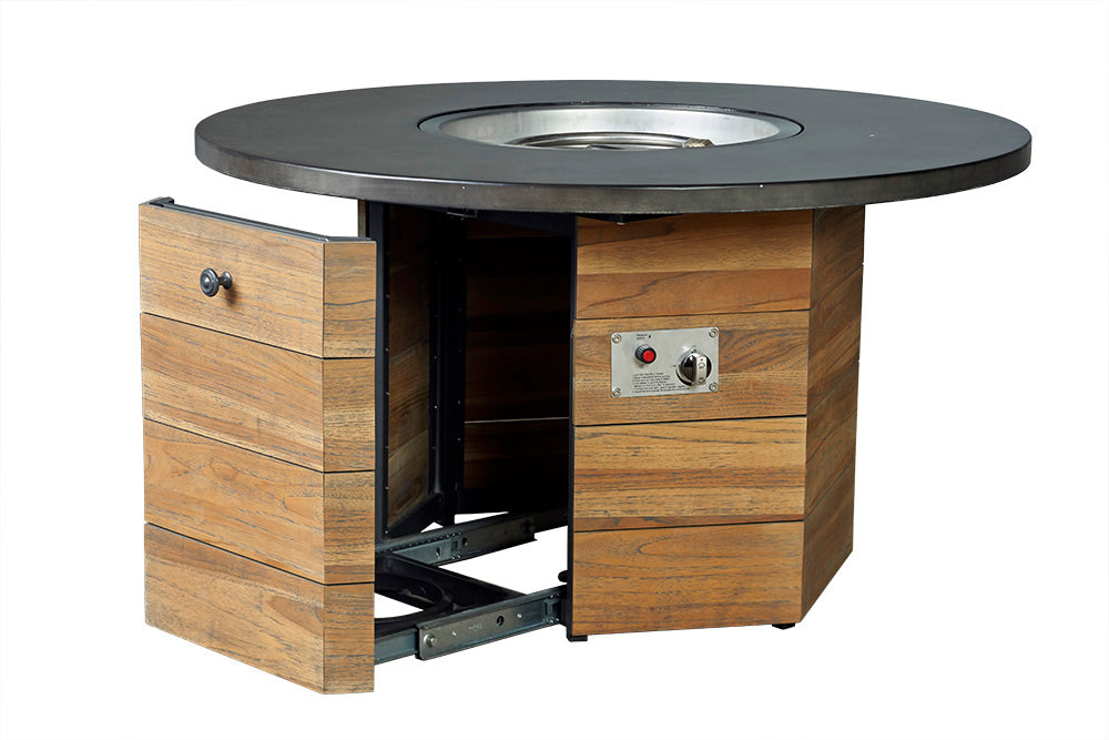 Teak 48" Hexagonal Fire Table with Faux Concrete Top