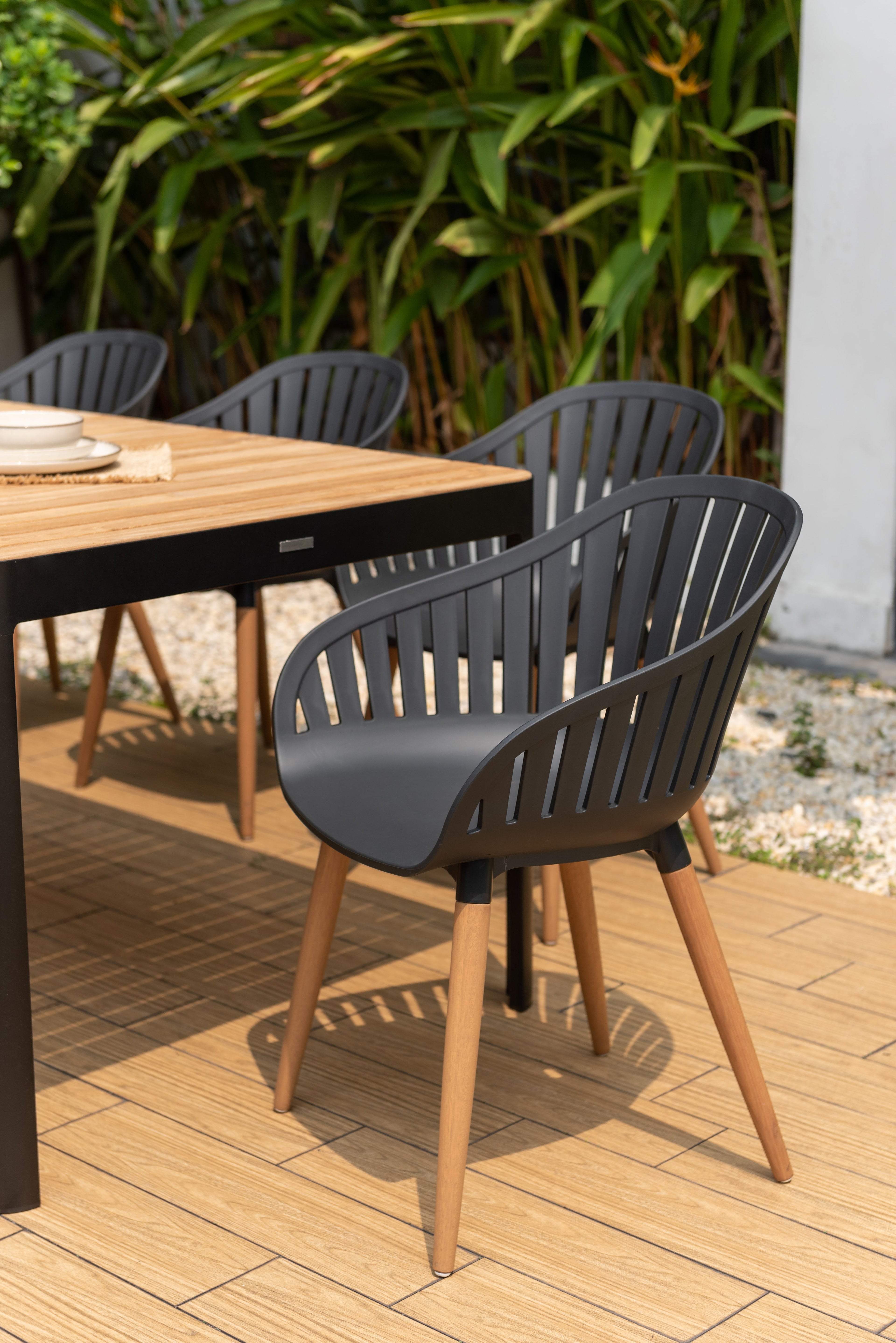 Portals Dark Rectangular Teak Table and 8 Nassau Black Dining Set