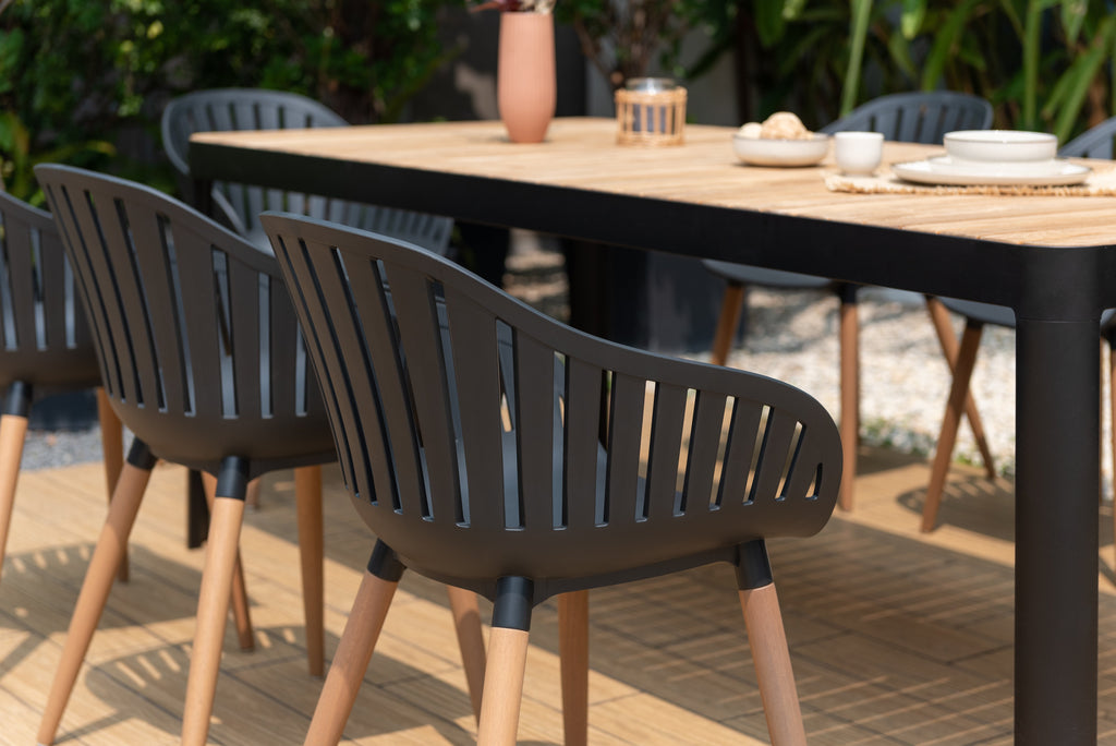 Portals Dark Rectangular Teak Table and 8 Nassau Black Chairs Dining Set