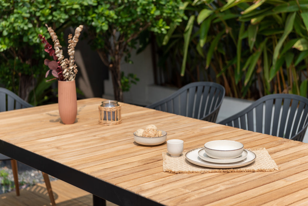 Portals Dark Rectangular Teak Table and 8 Nassau Black Chairs Dining Set