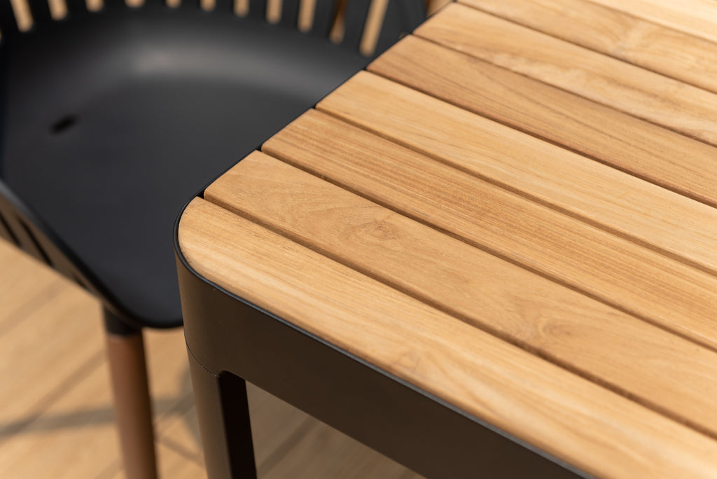 Portals Dark Rectangular Teak Table and 8 Nassau Black Chairs Dining Set