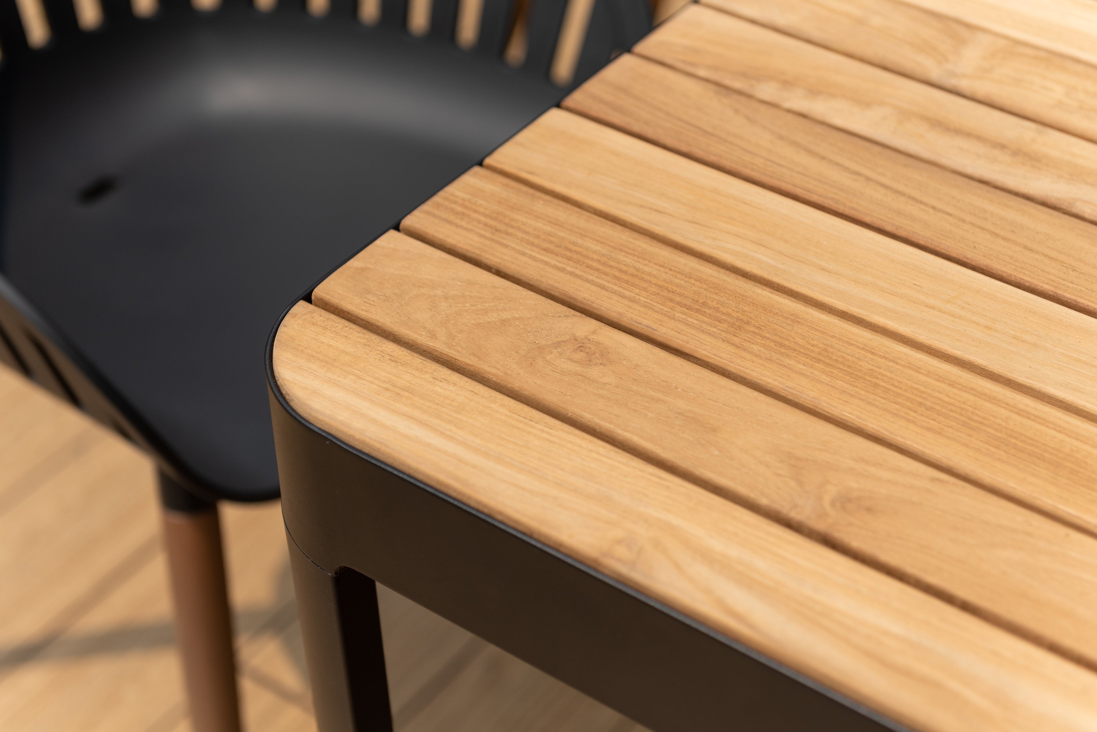 Portals Dark Rectangular Teak Table and 8 Nassau Black Dining Set