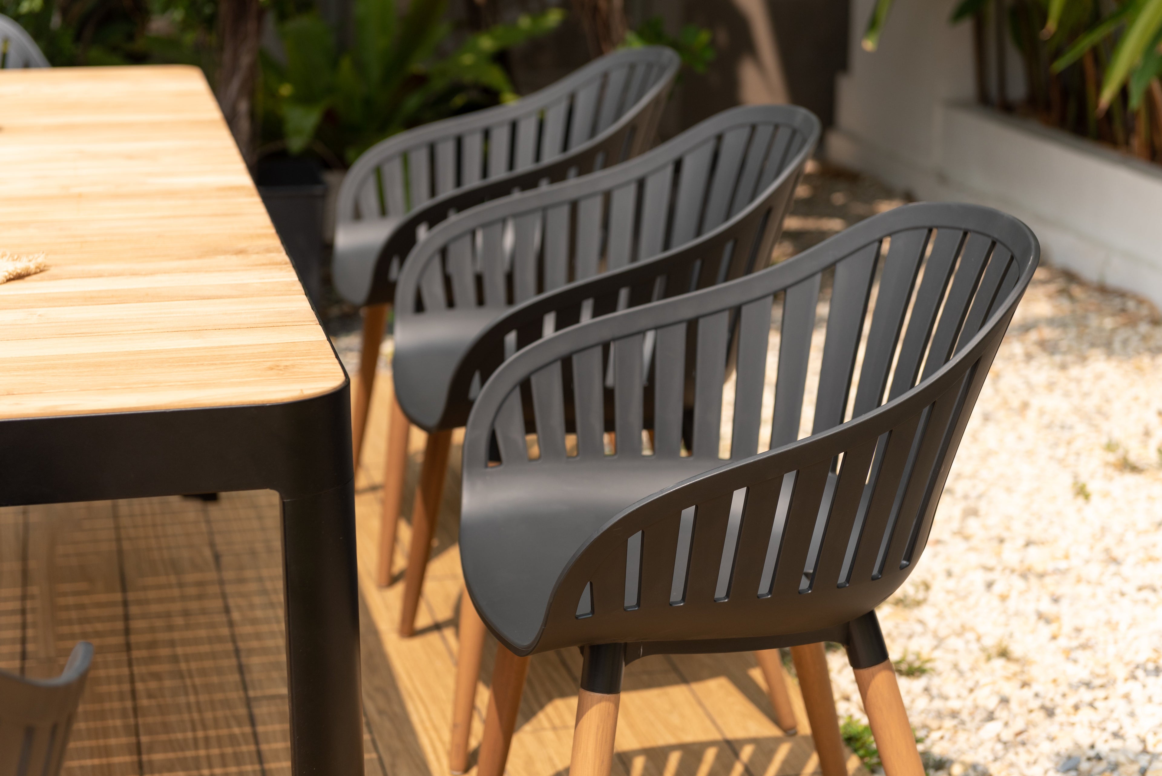 Portals Dark Rectangular Teak Table and 8 Nassau Black Dining Set
