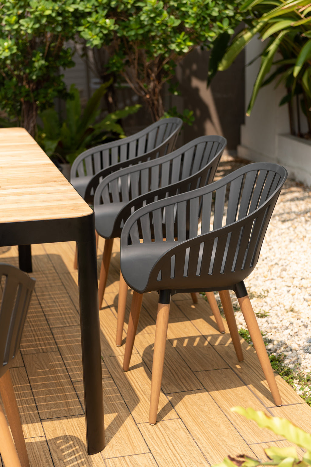 Portals Dark Rectangular Teak Table and 8 Nassau Black Chairs Dining Set