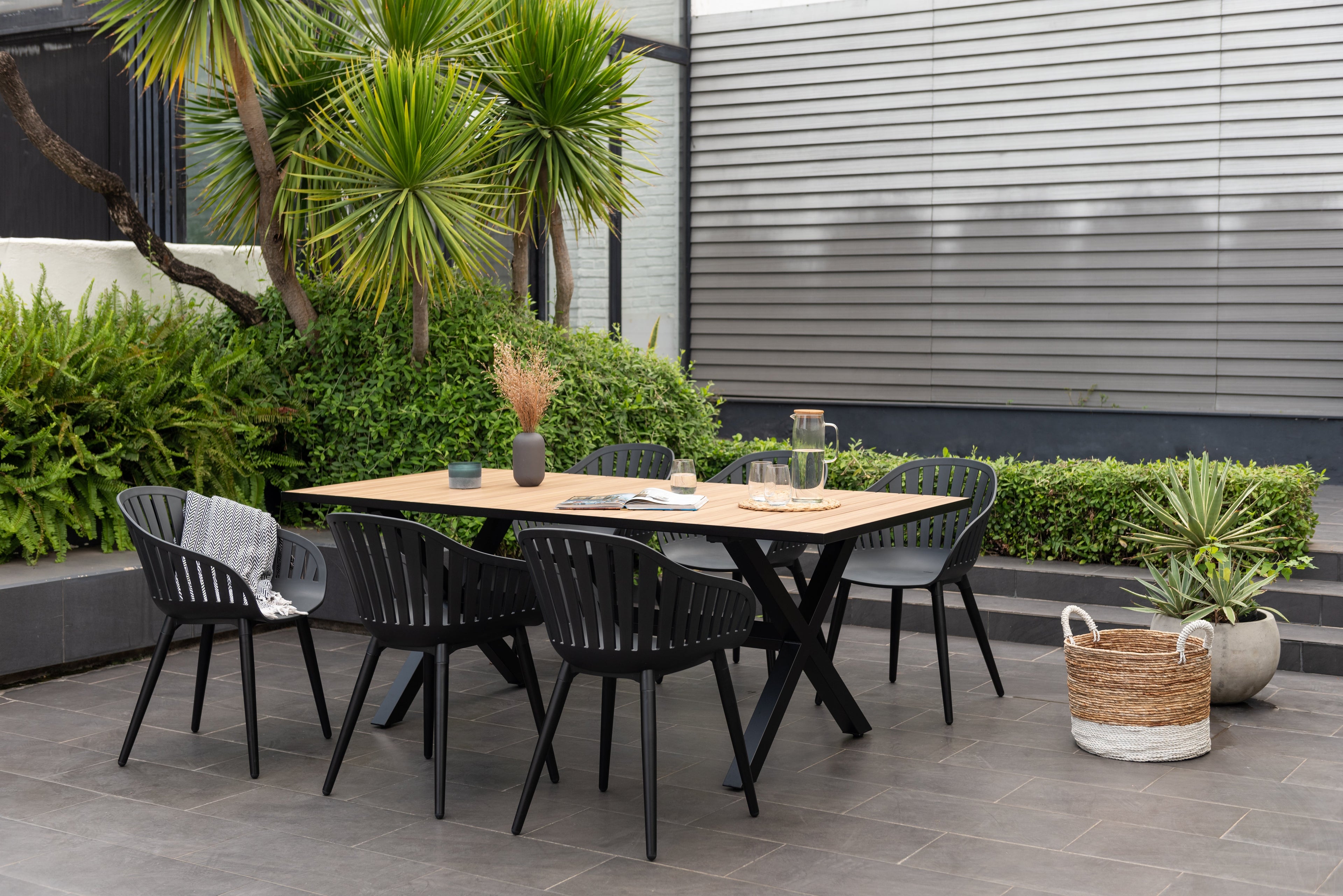 Panama Dark Rectangular Table and 6 Nassau Black Aluminum