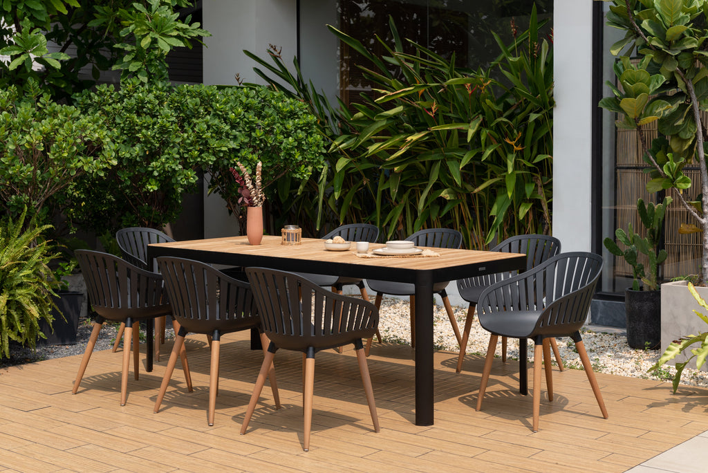Portals Dark Rectangular Teak Table and 8 Nassau Black Chairs Dining Set
