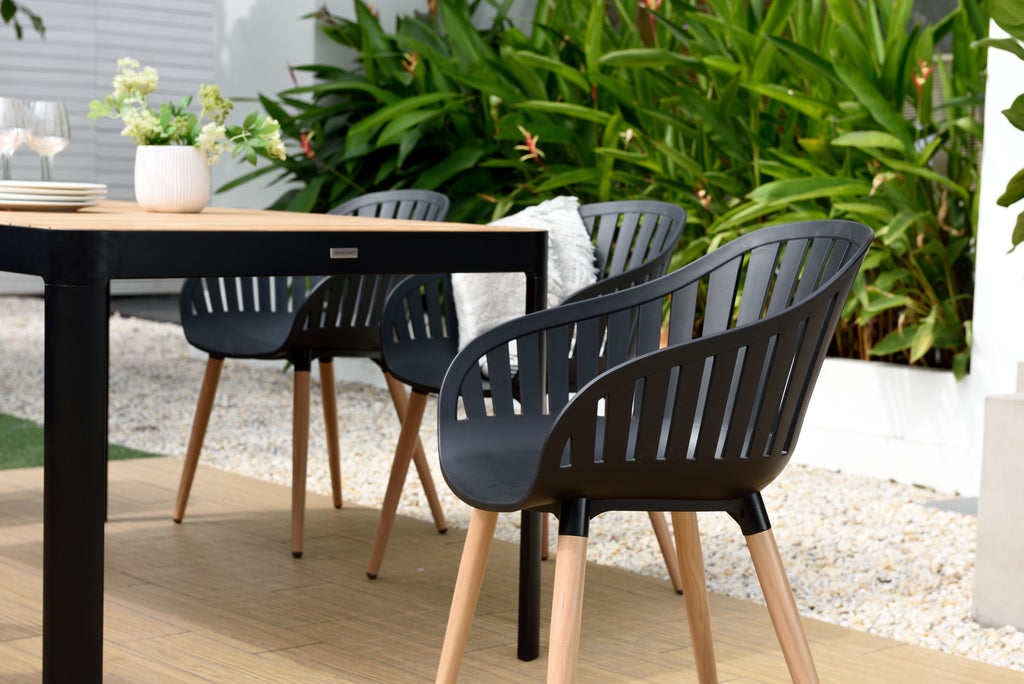 Portals Dark Rectangular Teak Table and 8 Nassau Black Chairs Dining Set