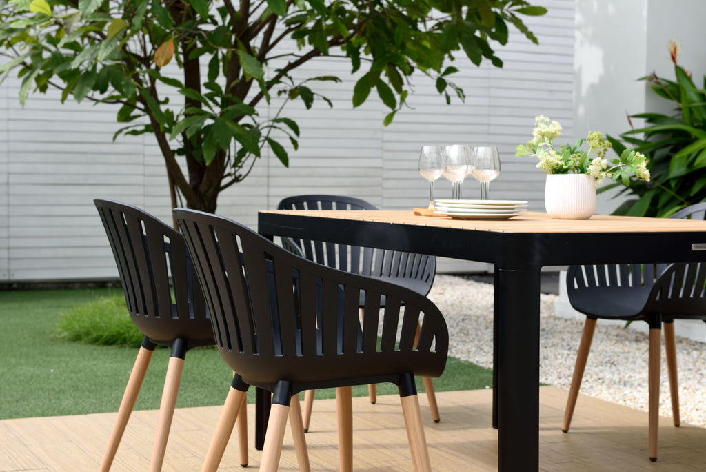 Portals Dark Rectangular Teak Table and 8 Nassau Black Chairs Dining Set