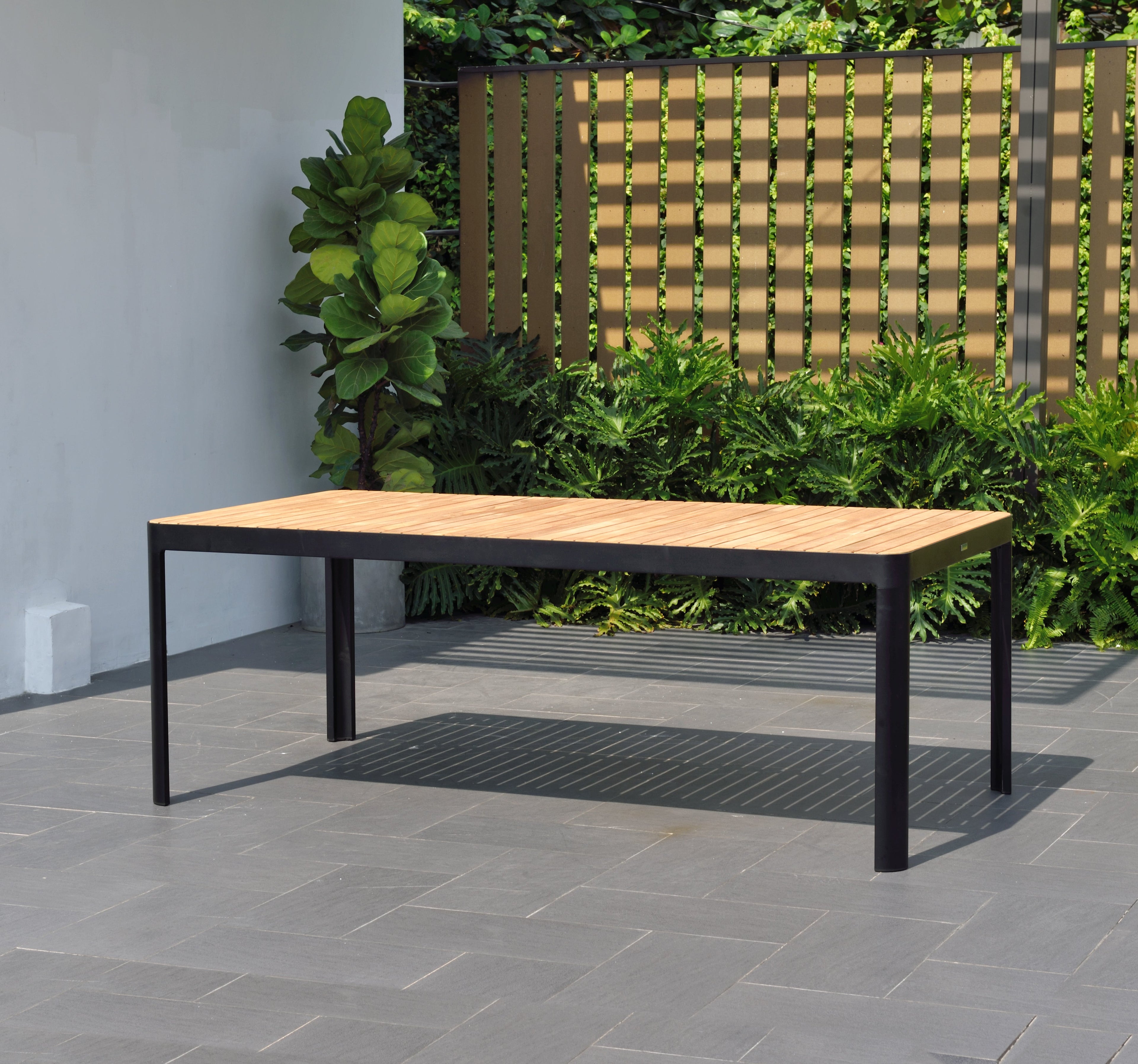Portals Dark Rectangular Teak Table and 8 Nassau Black Dining Set